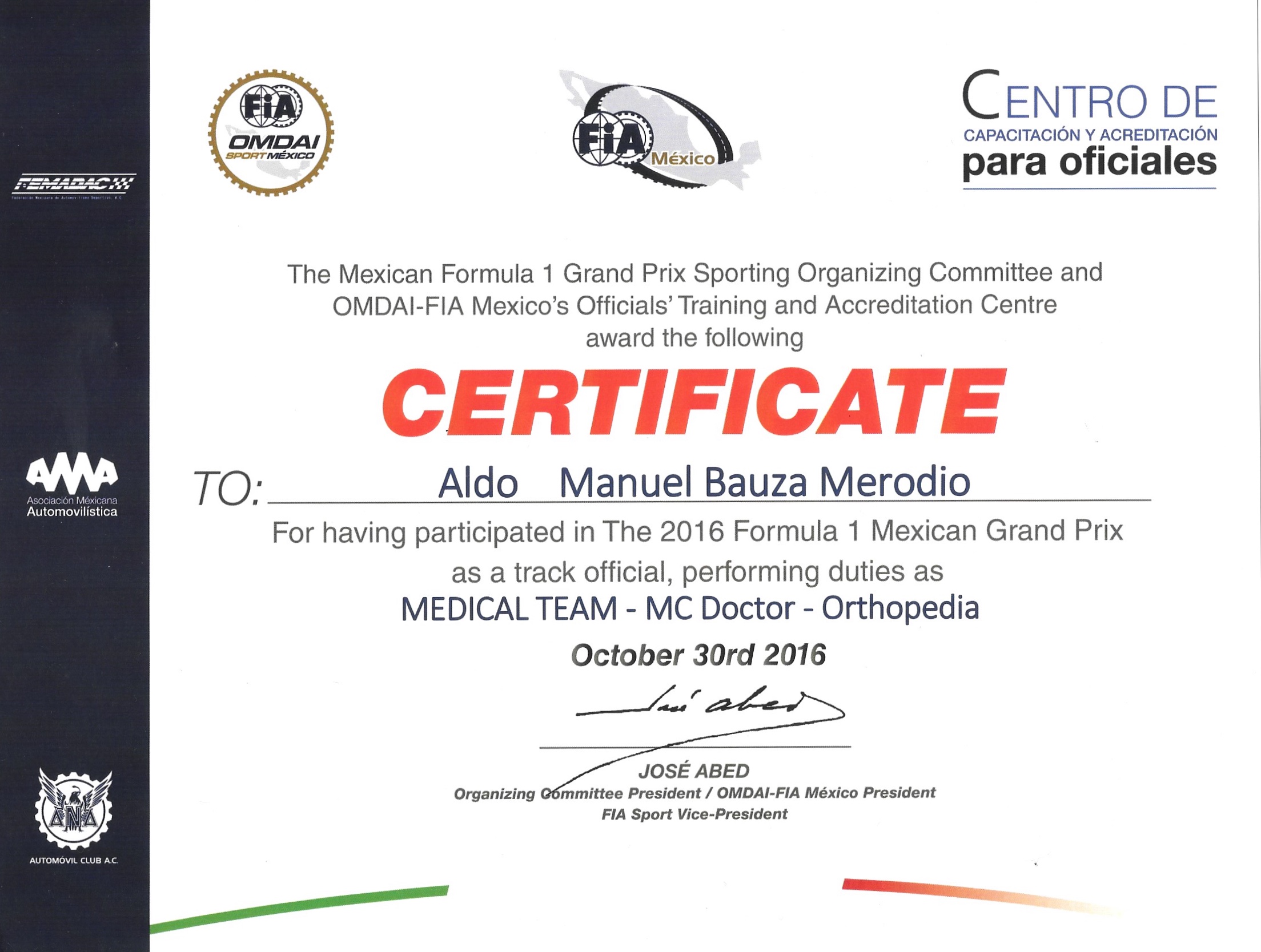 Certificado Formula 1 México